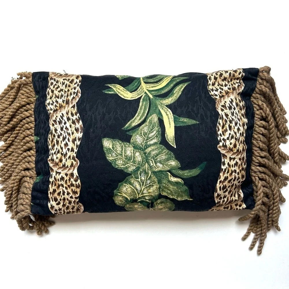 Vintage 1990s Anju Woodridge Jungle Vine Leopard Print Tassel Accent Pillow
